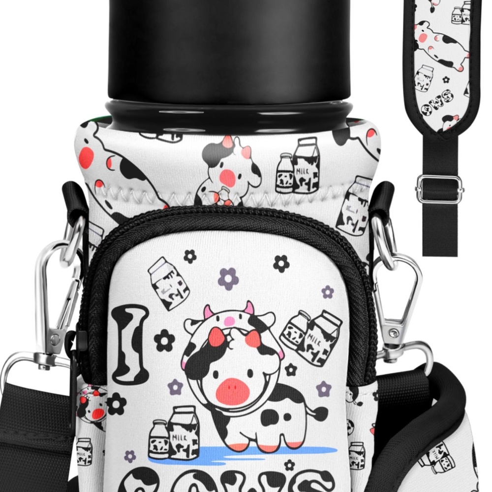 Water Bottle Insulated Carrier sleeve With Strap - Cute Cow- for 10-18 oz